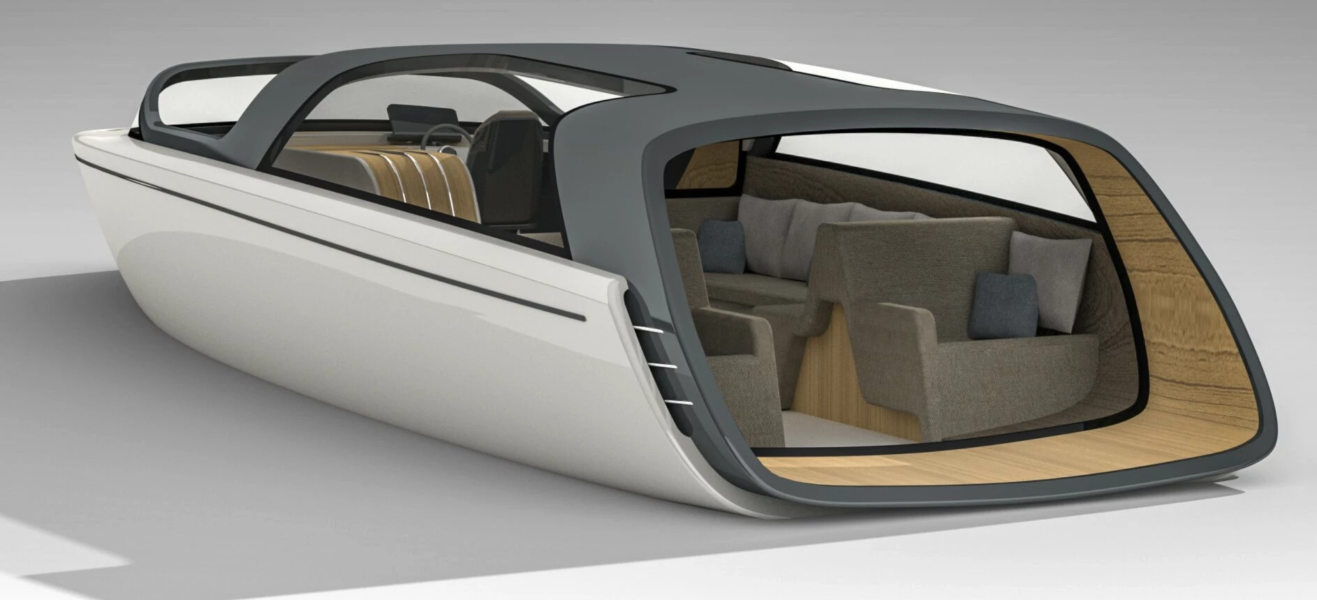 At the ends of the two sofas are two reclining loungers facing out the stern window