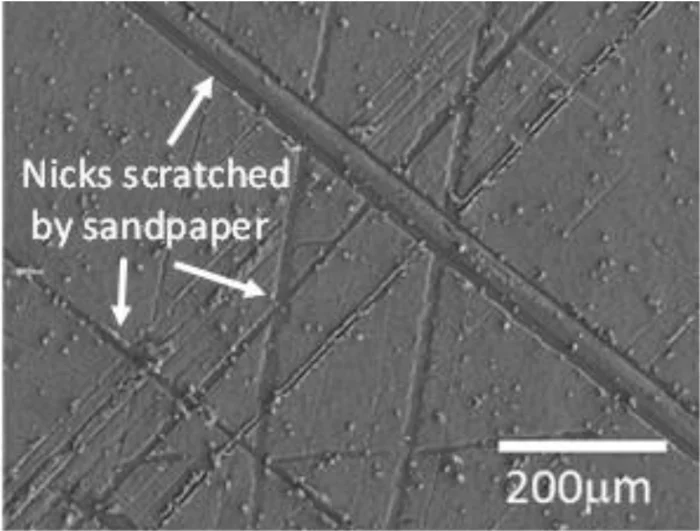 The coating surface is scratched by sandpaper to improve the rate at which electrons are emitted (Photo: Tohoku University)