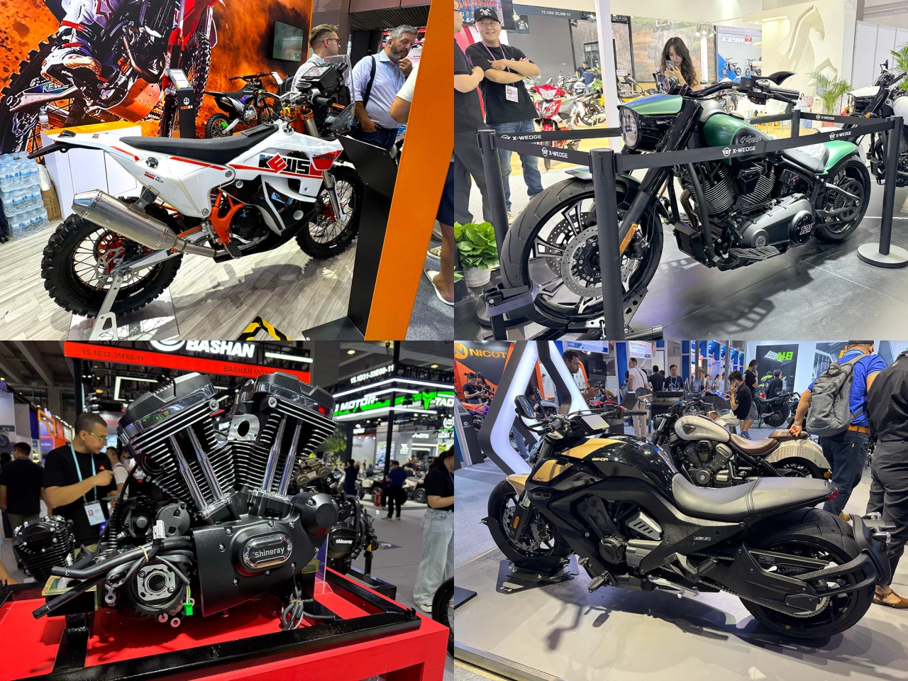 Bikes that initially look familiar, but wear different brand names were commonplace at the Canton Fair, but there was a lot more innovation than plagiarism on display. That's the X-Wedge Shineray model in green at top right, and the company's latest motor at bottom left. At top left is a KEWS Rally Raid bike and the only original design in the image is bottom right - the Benda LFC700 Pro, a 700cc 69kW high tech sport cruiser with adjustable air suspension (via the app) and ... see the image library for more detail.
