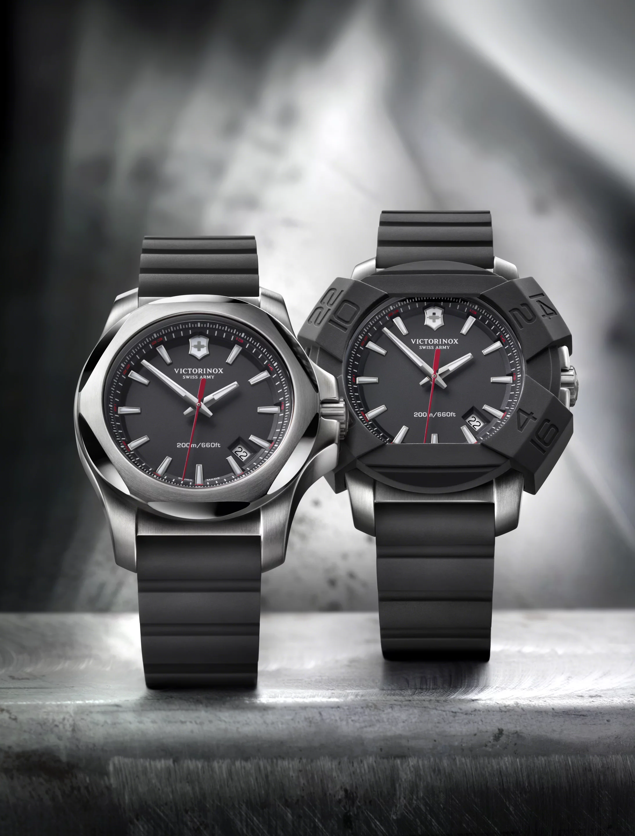 The Inox watch, with and without its protective cover