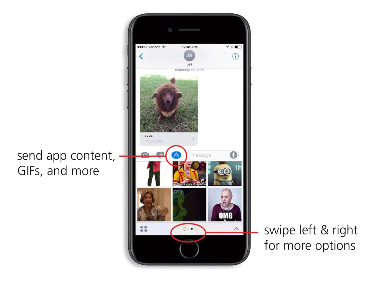 The app button lets you easily send GIFs, iTunes songs and other app content
