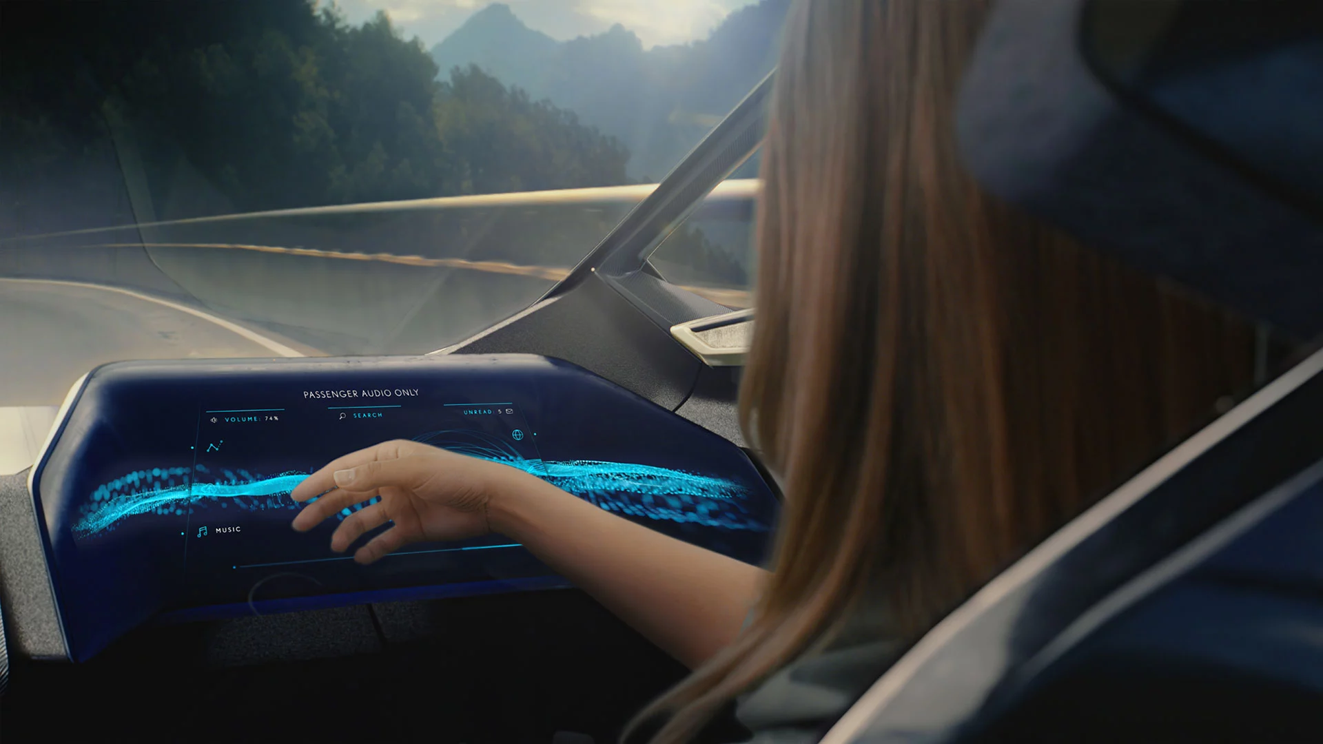 The curved front passenger display offers entertainment and information, with help from personalized audio integrated in the headrest