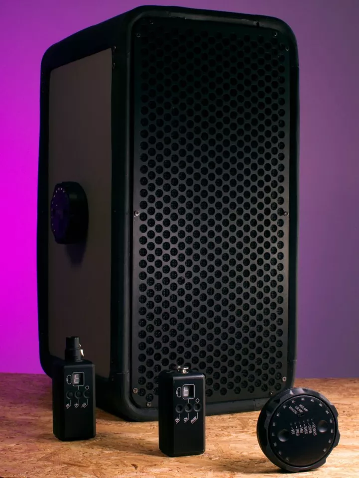 The Kombo Sound System is made up of a battery-powered speaker, effects modules and microphone/instrument transmitters