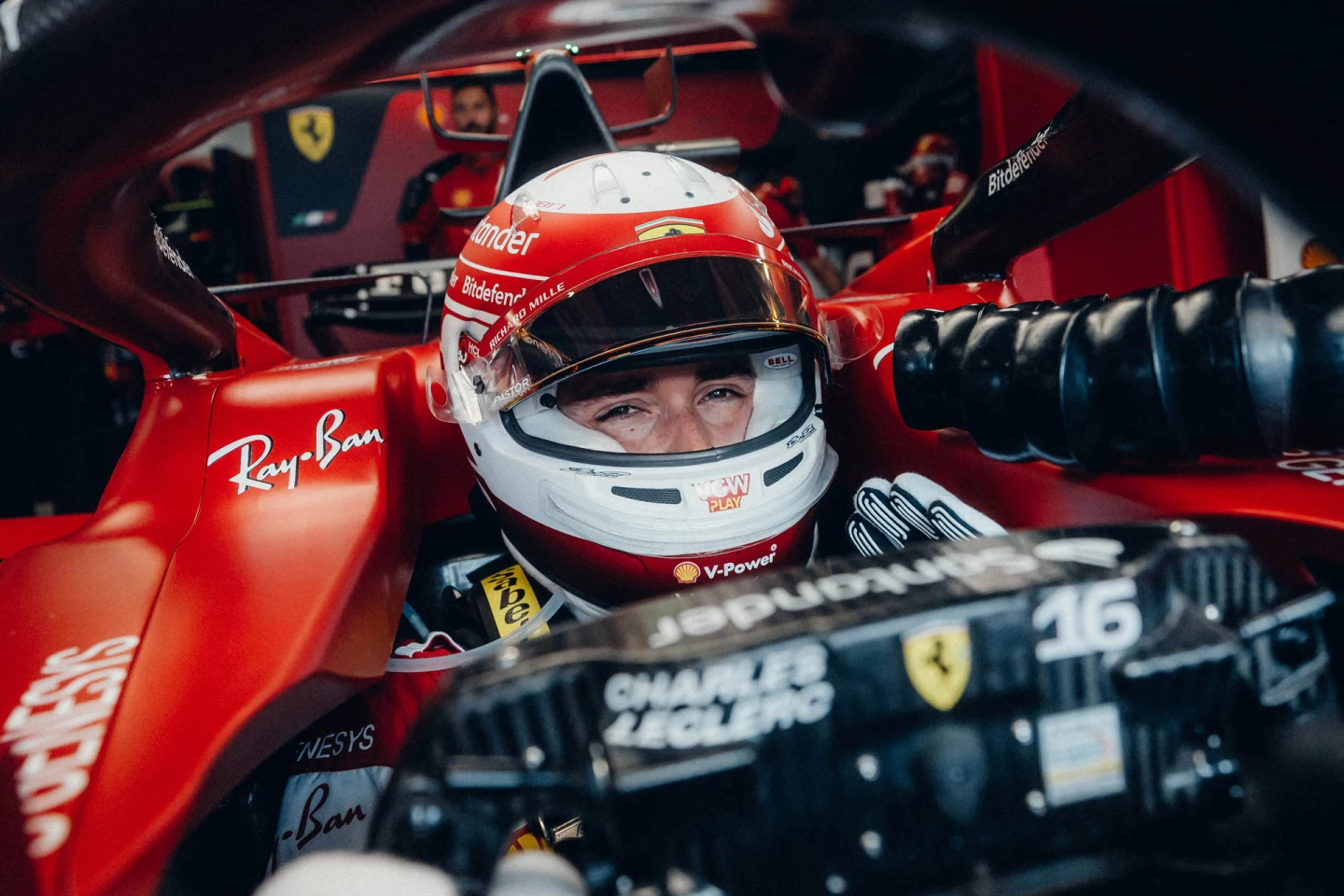 Charles Leclerc in this helmet awaiting release from the garage in Monaco