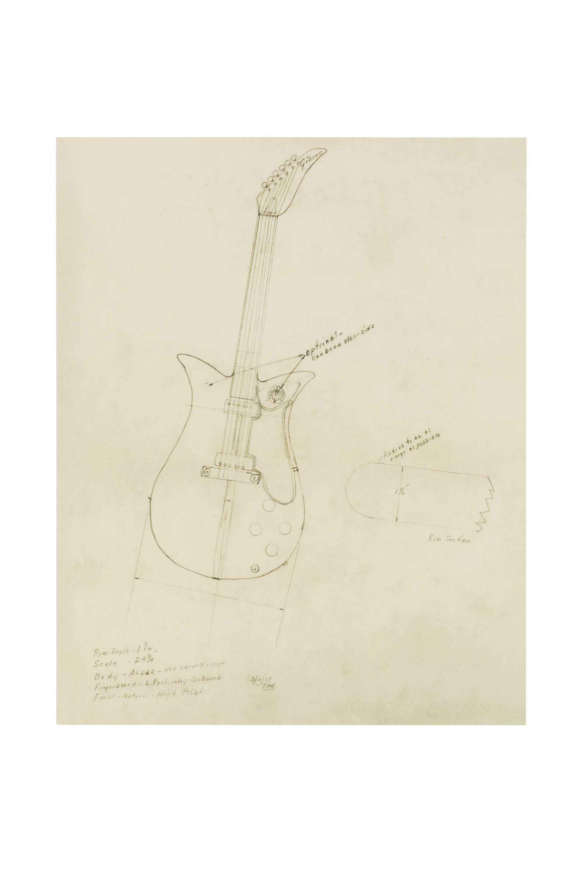Ted McCarty's sketch from 1957 that provided the inspiration for the first model in Gibson's Archive Collection