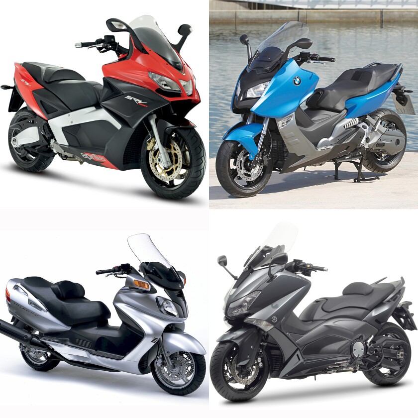 The existing bikes which will most likely be seen as the NM4's competition: Aprilia's SRV850 at top left, then clockwise, BMW's C 650 GT, Yamaha's T-Max 530 and Suzuki's Burgman 650