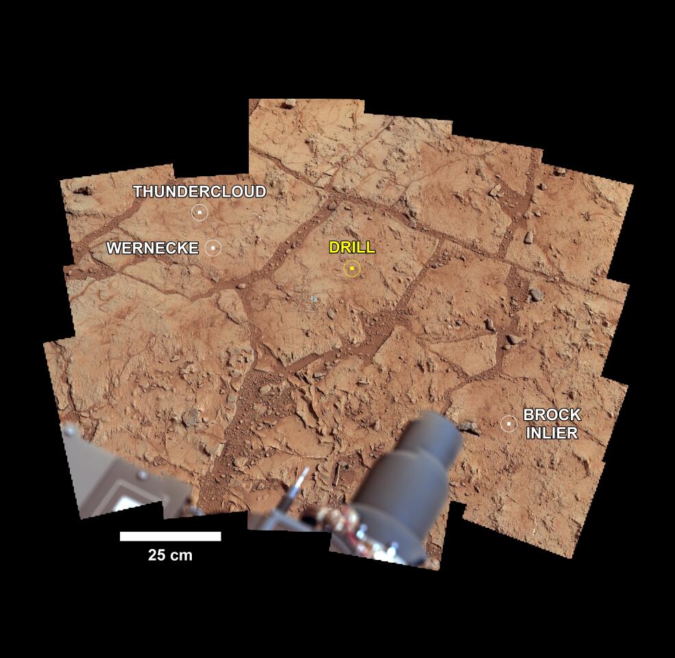 Mast Camera view of the area selected for Curiosity’s first sample drilling and other candidate areas (Image: NASA/JPL-Caltech/MSSS)