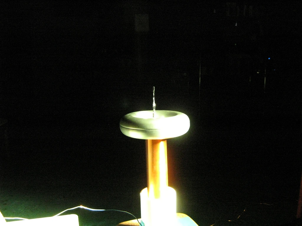 The spark gap Tesla coil upon which the Tesla Gun is based awaits testing