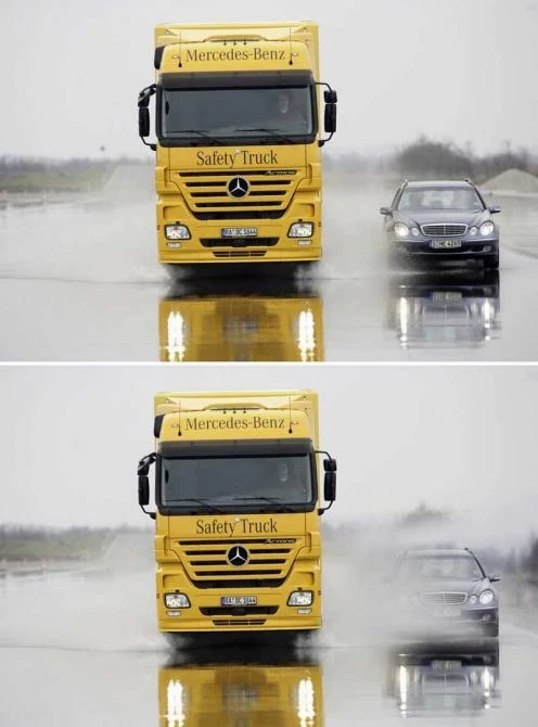 The Mercedes-Benz Safety Truck abounds with seemingly minor but nonetheless impressive details such as the spray guards in the wheel arches, available since the launch of the Actros. These spray guards in the wheel arches help to significantly improve vis