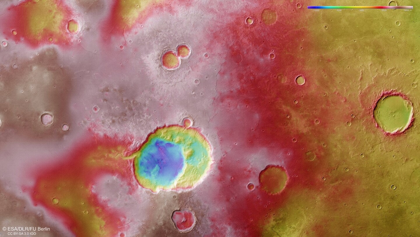 Topographic color-coded map of the Arabia Terra region of Mars