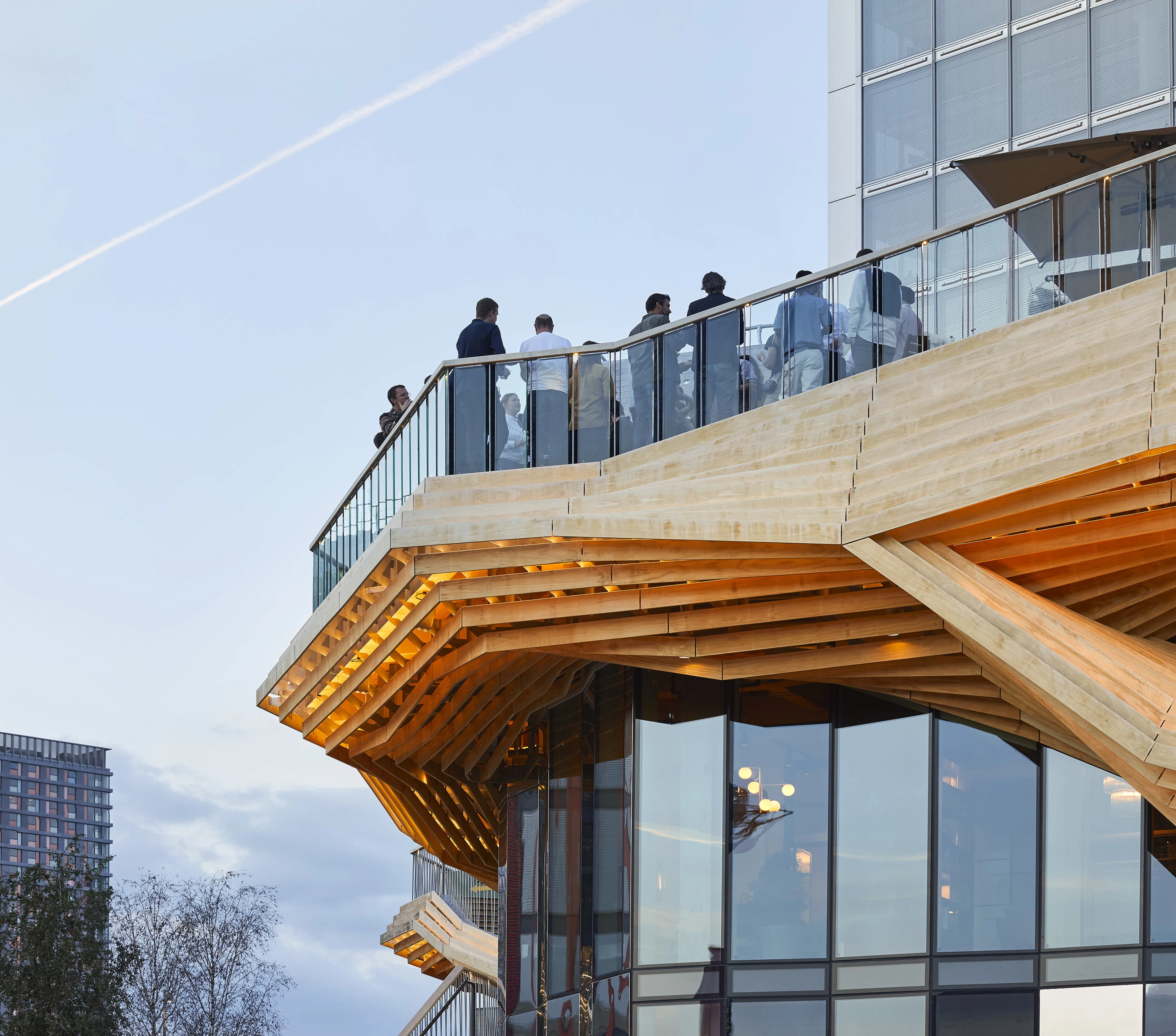 The Pavilion was constructed using both cross-laminated and glue-laminated timber panels. In all, a total of 136 sections of timber were used
