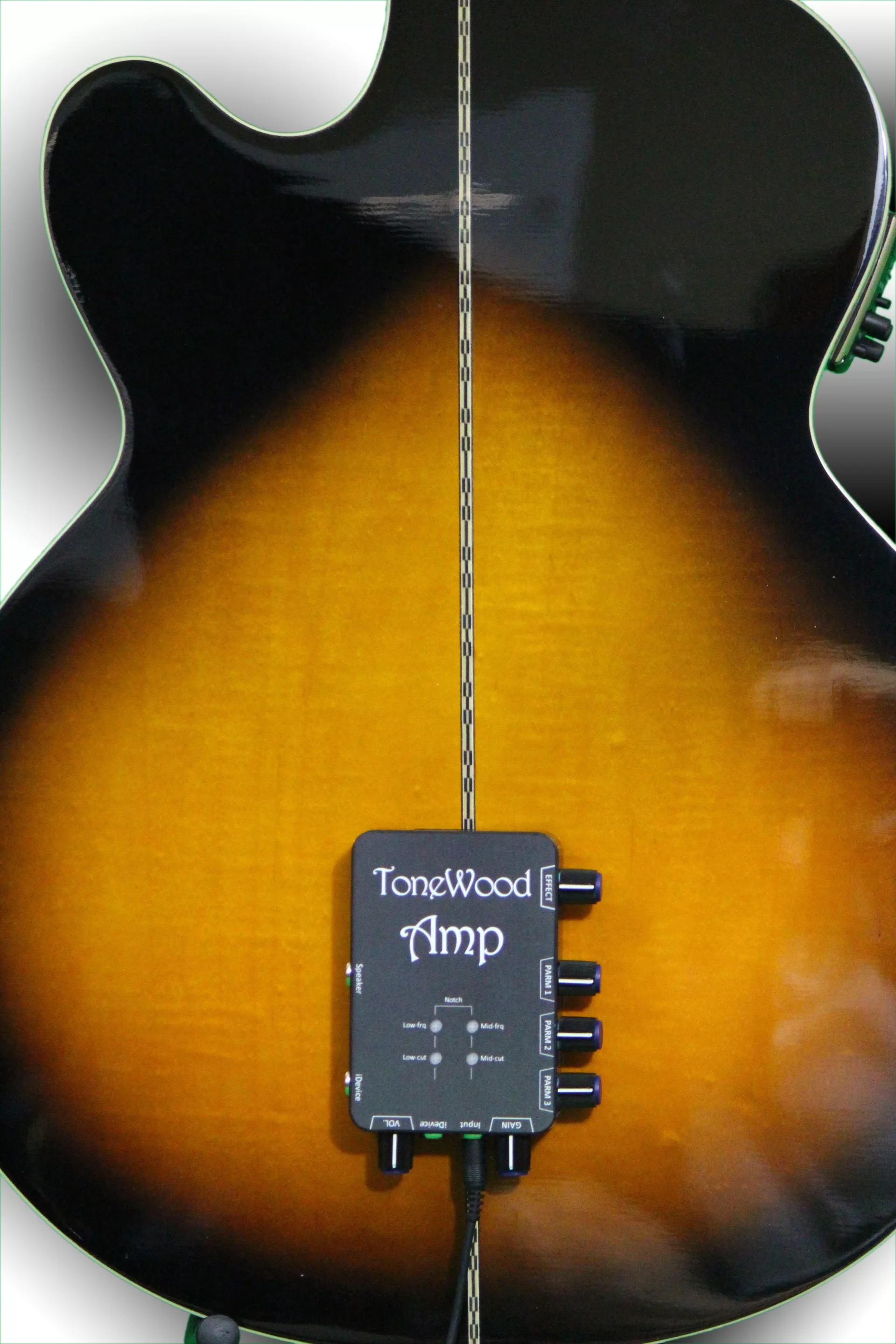 For electro-acoustic players, the amp syncs the effects in real time with what's being picked at the business end by way of the instrument's own pickup