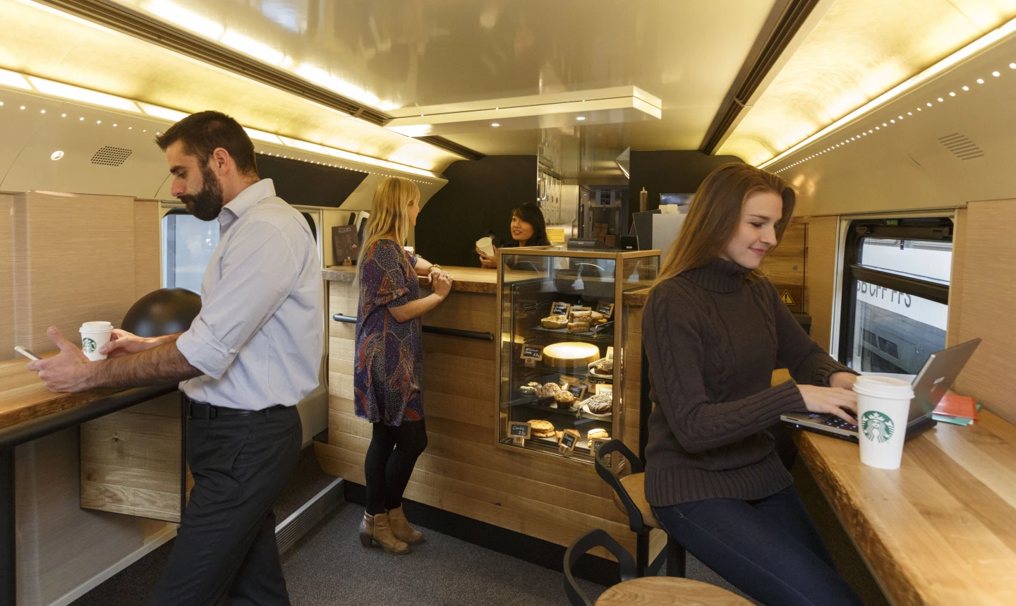 The lower-level coffee bar has a small pastry case