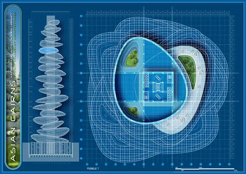 The outer walls would be transparent to allow sunlight into each pebble, turning some spaces into functional greenhouses for growing fresh produce