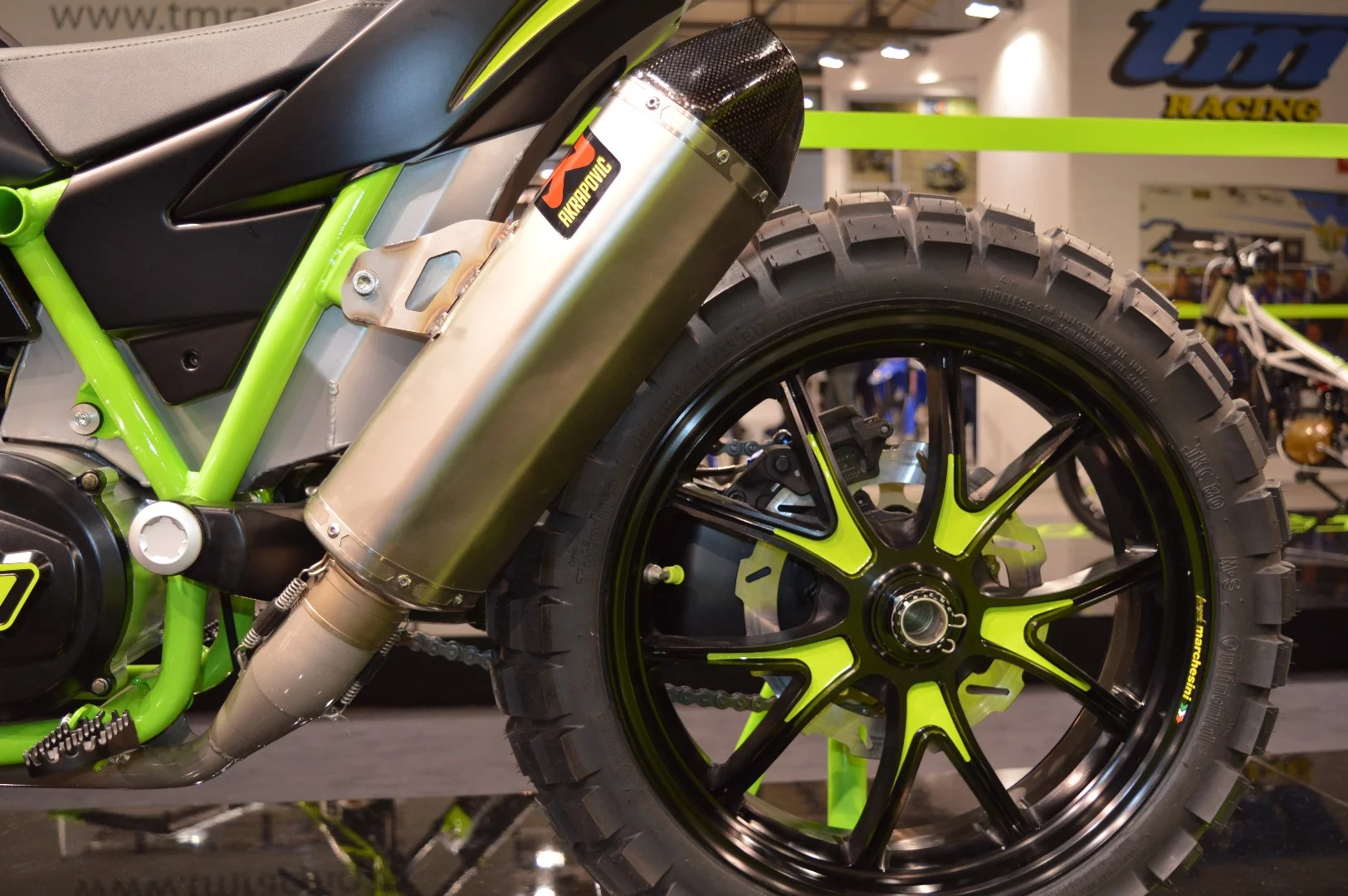 This is the impressive rear of the Vertigo Ursus, with a single-sided swingarm and an Akrapovic exhaust