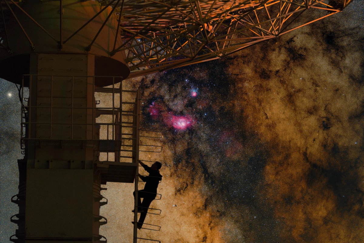 Runner Up - People and Space. Observe the Heart of the Galaxy. Climbing the radio telescope at the Mingantu solar radio telescope array