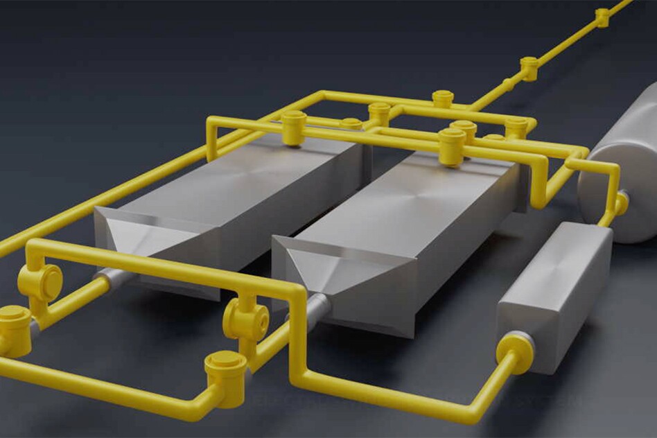 A render of the system as it may appear in a power plant setting. Incoming flue gas can be sent into one of the two large chambers to capture CO2 from it, while the other is discharging its own captured CO2 into a separate collection chamber (right)