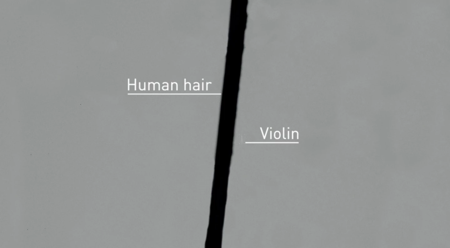 While the diameter of human hair varies, the violin is still smaller than the thinnest strands