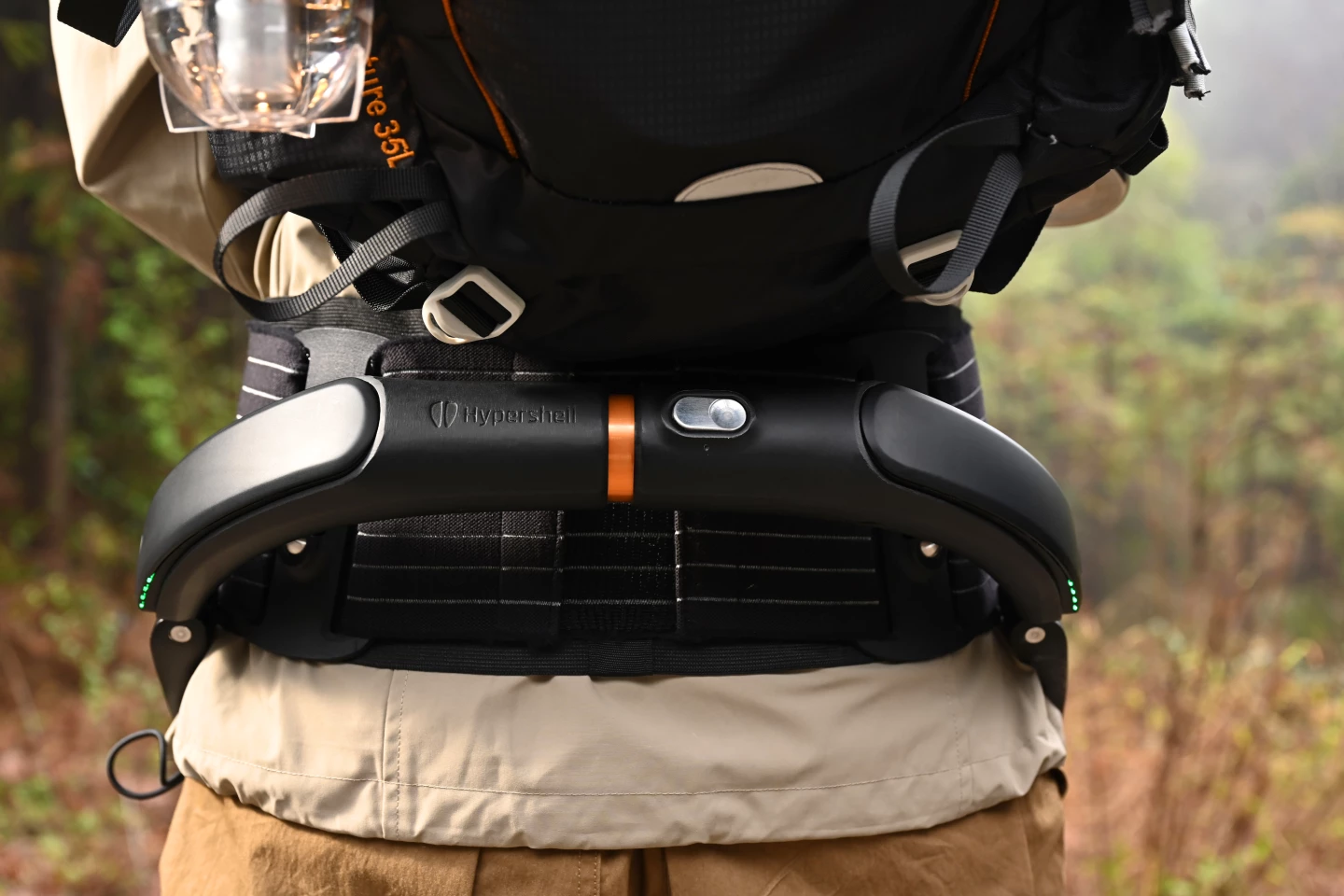 The Omega exoskeleton secures to the waist with a belt and to the legs with straps