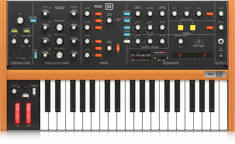 The Poly D features an 84 control upper panel, 37 full-sized keys, 32 step sequencer and arpeggiator