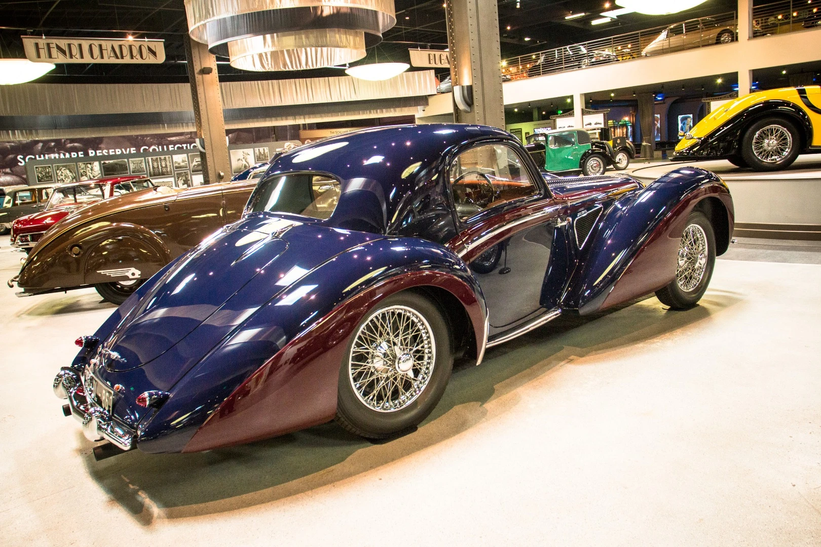 1938 Delahaye Type 145 V12 Coupe: was divorced from its V12 engine under the ownership of Fritz Schlumpf, and fitted with a six. The original motor was tracked down, rebuilt and the whole car restored to show condition by Bill Jacobs, Jr. in 1984.