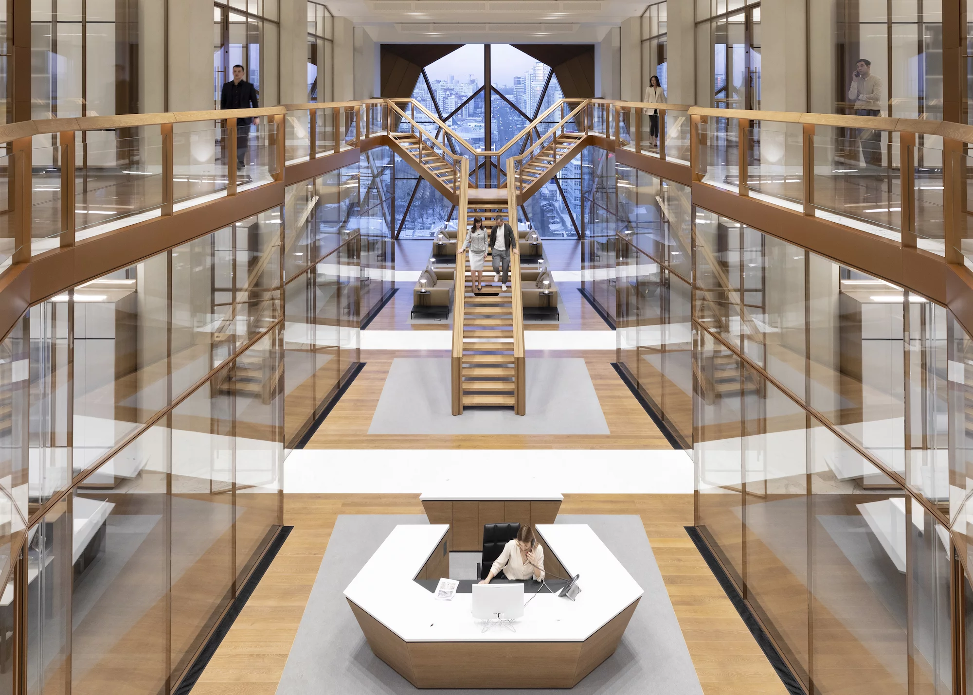 The RCC Headquarters' interior includes amenities such as a gym, sauna, meeting spaces, and a dining area, as well as a flexible space for gatherings and events