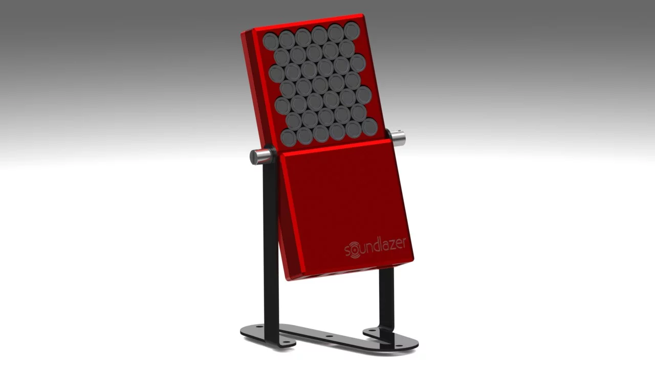 The Soundlazer will be made available in kit form or enclosed in a rather swish red anodized aluminum casing outer case with black stand