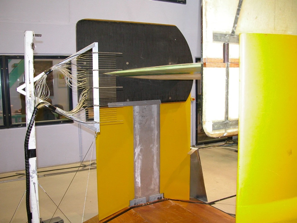 Risoe DTU's wind turbine blade section being tested in a wind tunnel