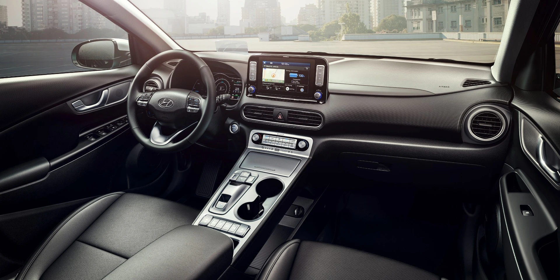 Inside the Kona Electric, there's a 7-inch center touchscreen display that connects with Apple CarPlay and Android Auto