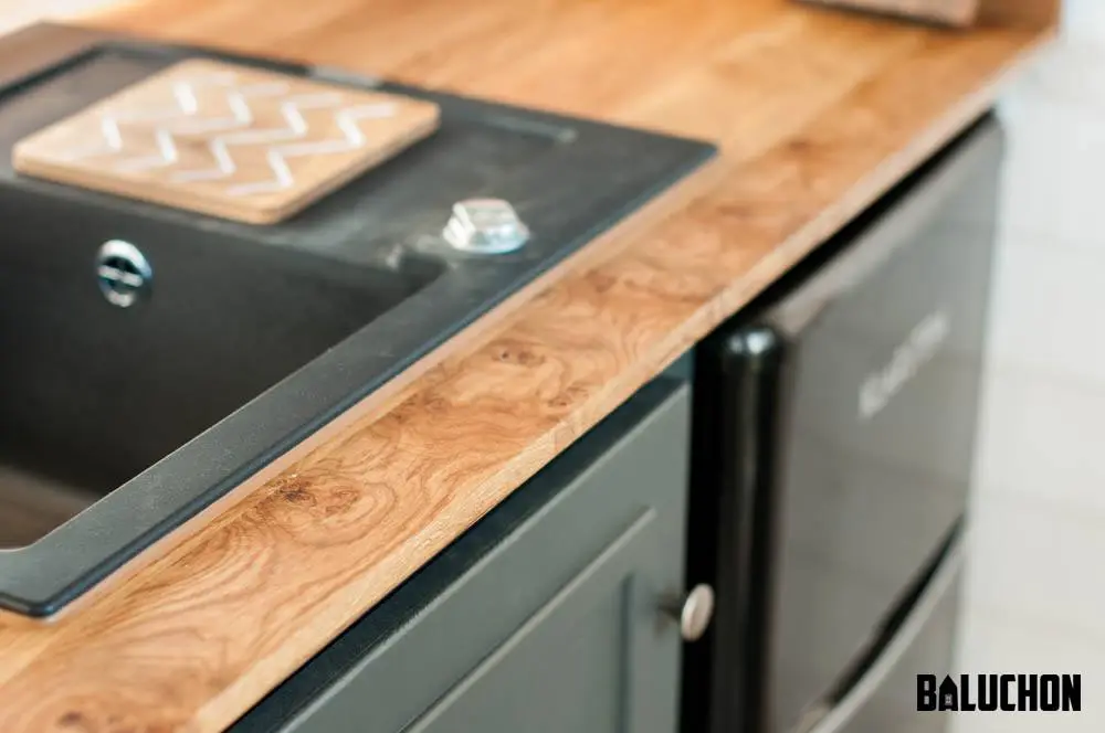 Closeup detail shot of the Valhalla's kitchen cabinets