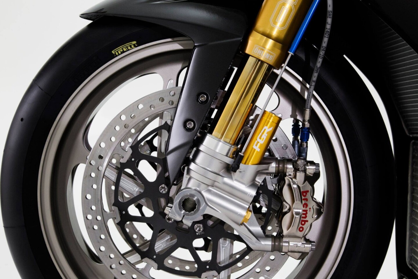 These Ohlins GP forks and the Monobloc Brembos are commonly seen in GP and WSBK motorcycles