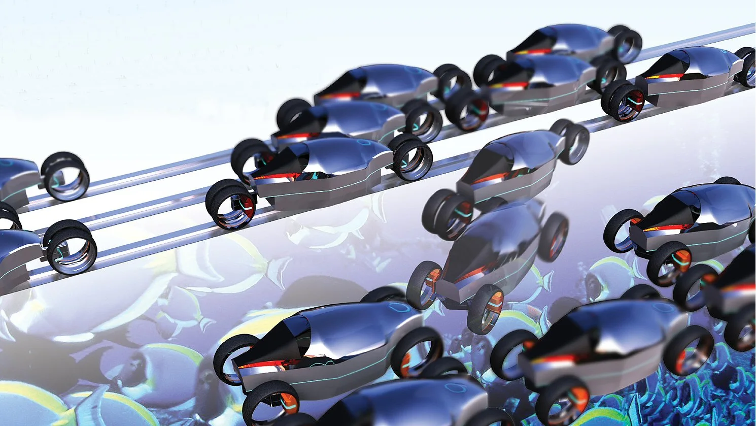 2:1 Industrial Design proposes laying tracks on existing roadways and creating a novel electric vehicle to help deal with congestion in towns and cities throughout Brazil