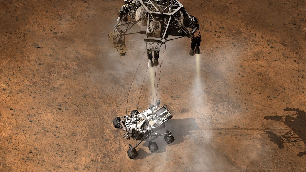 An artist's impression of the Mars Science Laboratory moments before touching the Martian ground (Image: NASA/JPL-Caltech)