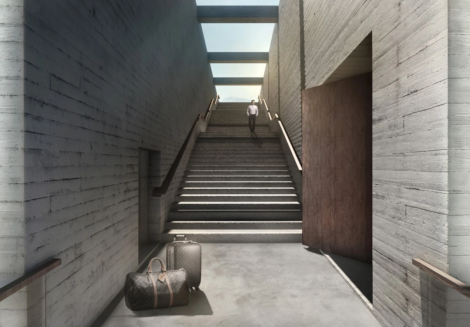 Access is gained either via a long concrete staircase or elevator from the home's three-car underground garage