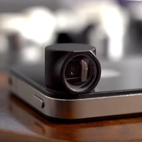 The HiLO right-angle lens works with the iPhone 4/4S/5 and the third-generation iPad