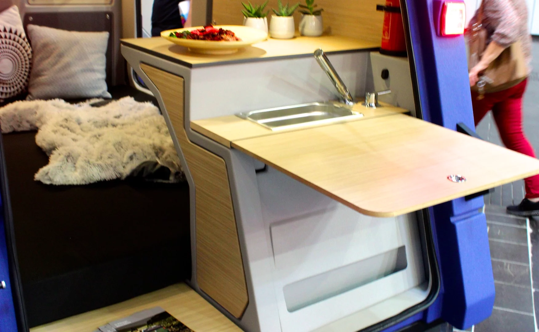 The simpler kitchen of the FIM Migrator Summer Edition includes a single worktop and sink