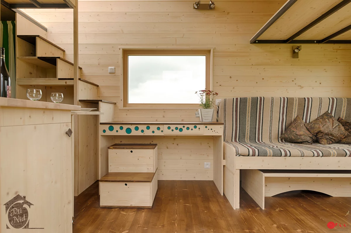 The Cécile has an office desk that doubles up as a step