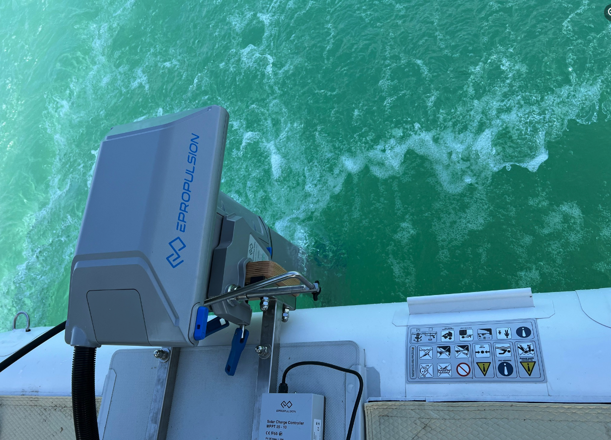 The modest 1-kW Epropulsion Spirit 1.0 can be enough to propel the Portless Catamaran around all day, assuming the upper deck solar panel is pulling in enough light