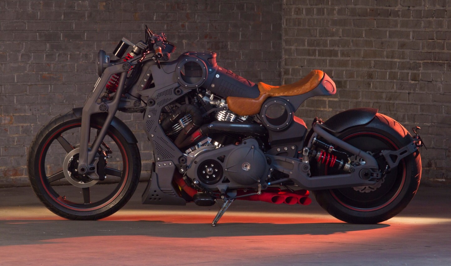 Blacked out with red details, the Confederate Motors FA-13 Combat Bomber