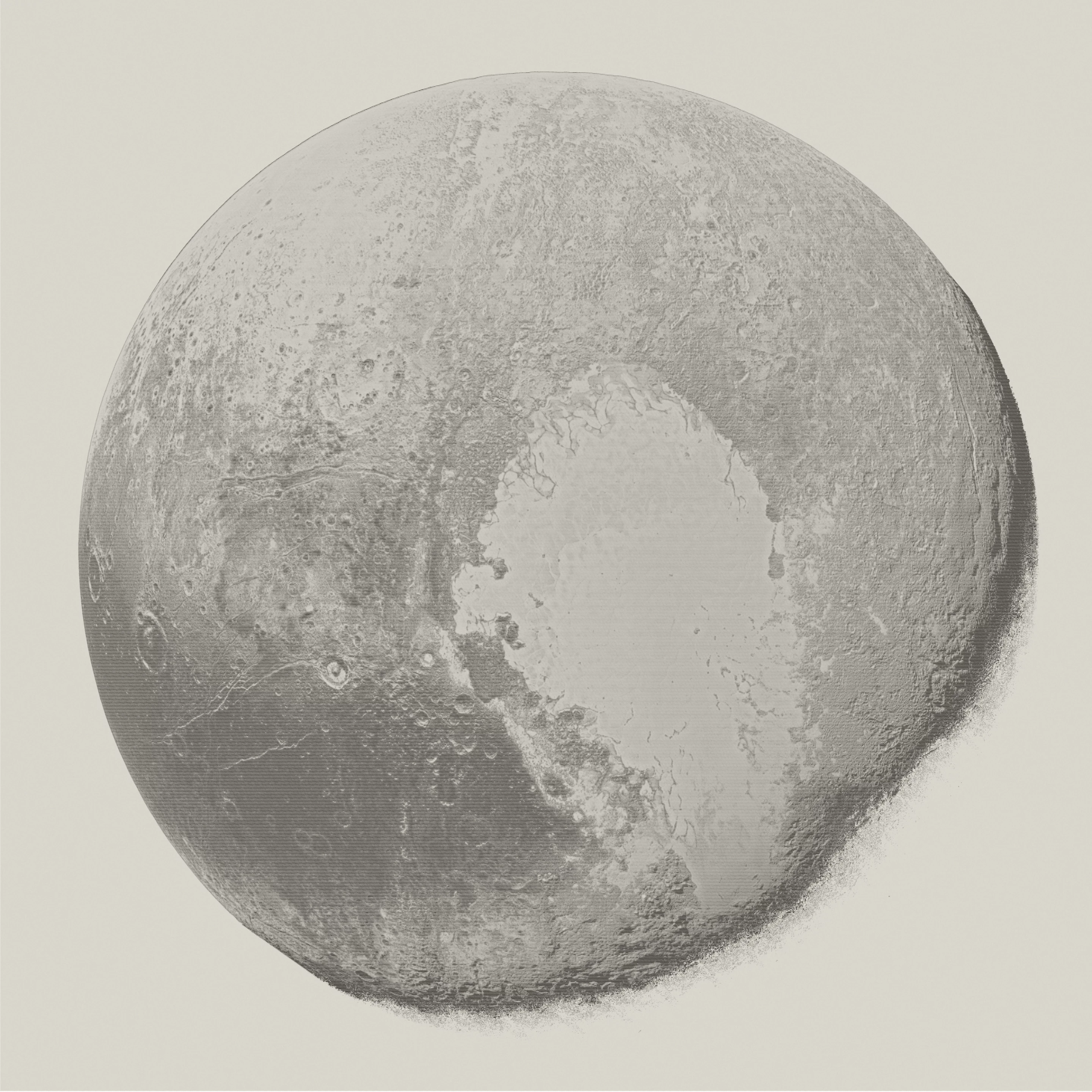 Cassinified Pluto by Sergio Díaz Ruiz, simulating an engraved print. Shortlisted for the Annie Maunder Prize for Image Innovation