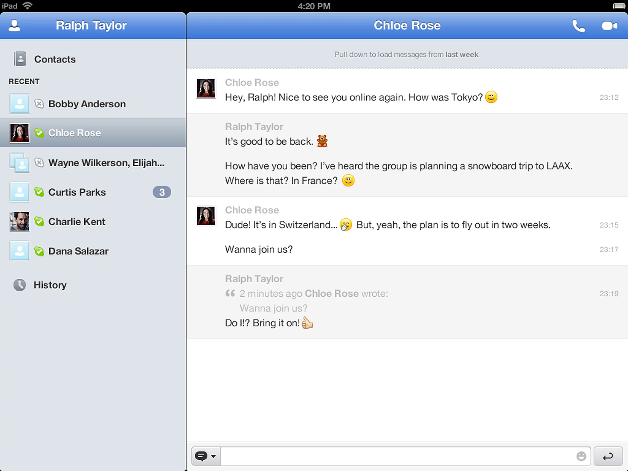 The Skype for iPad Chat/IM screen
