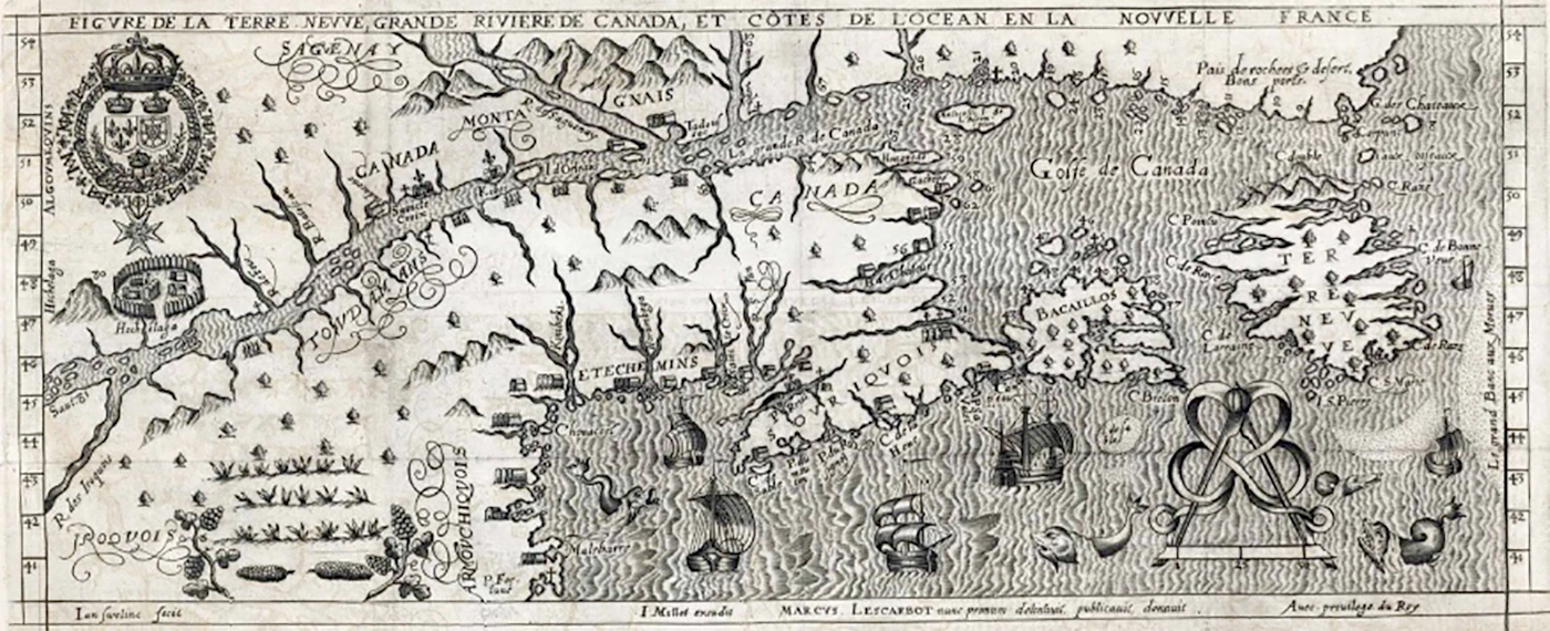 A First Edition in English of Nova Francia: Or the Description of that Part of New France, which is one continent with Virginia by Marc Lescarbot, a cornerstone work on the French settlements in Canada, including the above map which pre-dates Champlain's famous map of the area which now resides in the Library of Congress. Marc Lescarbot was a Protestant lawyer who spent more than a year in America as part of the expedition that founded Port Royal in Nova Scotia, arriving in 1606 and this book was published to encourage settlement in the New World. The map extends up the St. Lawrence River as far as the Indian village Hochelaga, or Montreal as we now know it. Kebec is shown for the first time on a printed map in its Micmac form, meaning the "narrows of the river." This particular copy was previously sold by Christies as part of the famous Frank S. Streeter Collection on April 17, 2007, fetching $144,000. It sold for $247,500 at a Christies auction on June 15, 2017