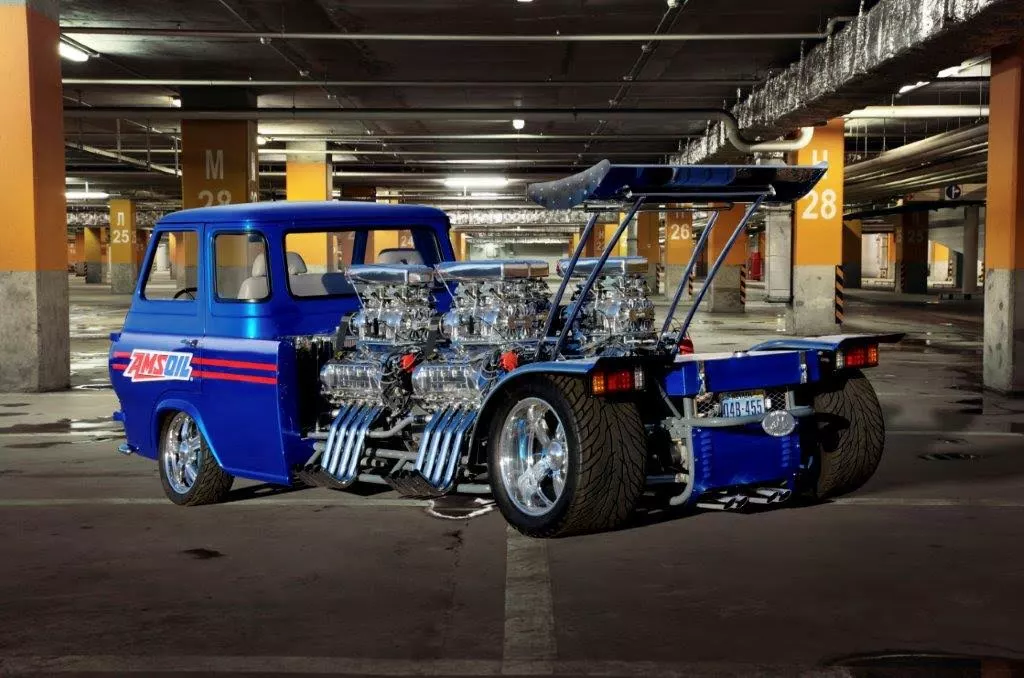 Just one of Gordon Tronson's many maniacal creations, this '62 Ford Econoline has four blown race engines in the back