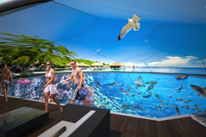 OVA Studio's Swimarium is a swimming pool surround by LED screen on which footage from dive sites around the world can be shown