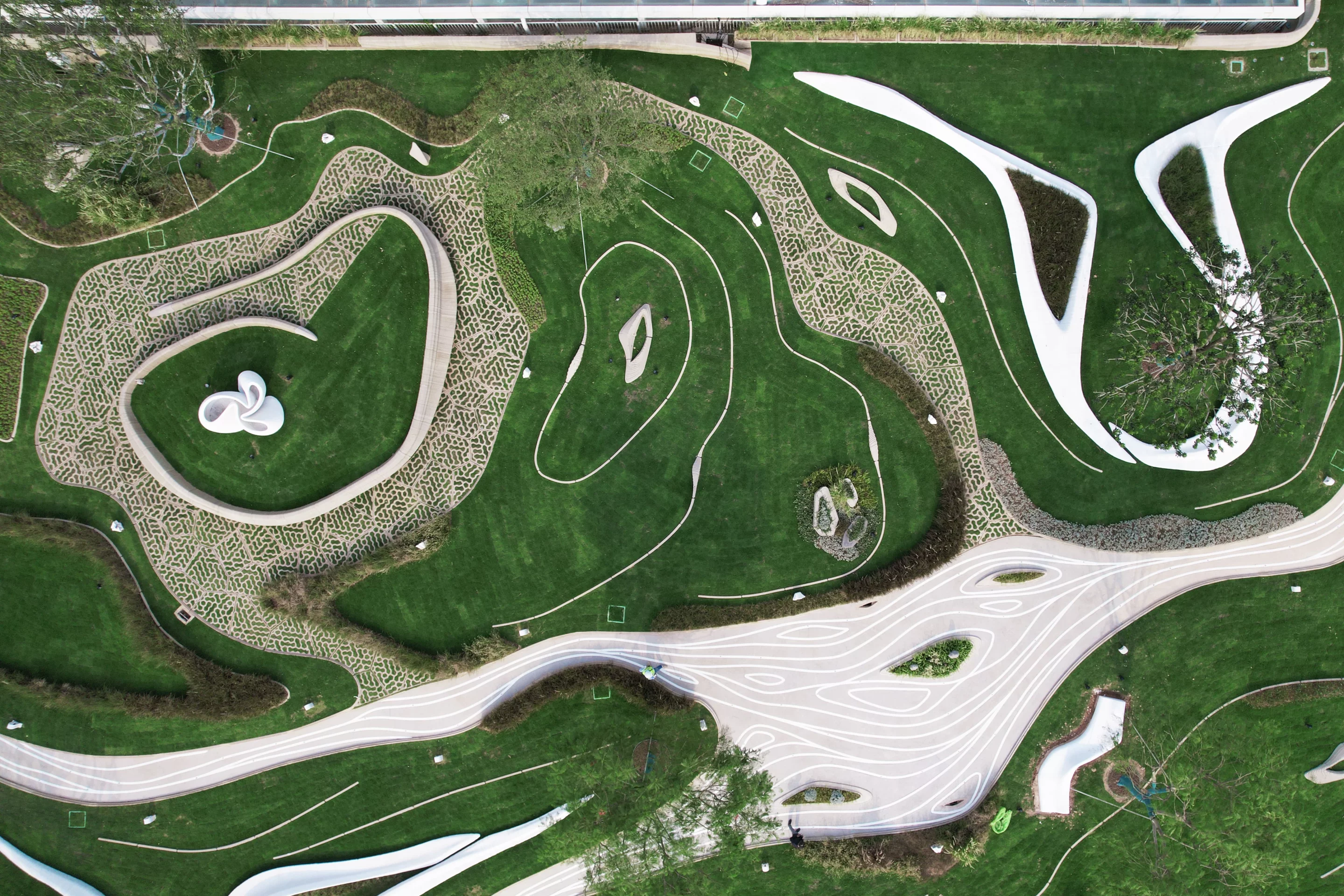 The 3D-printed park's concrete furniture was created over a period of two and a half months