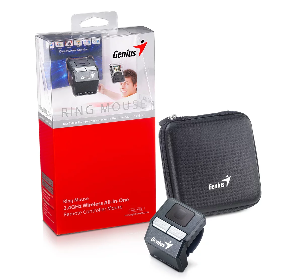 The Ring Mouse comes with a USB battery charger for topping up its Li-ion battery, a hard carrying case and ioMedia software for web browsing, presentations, photo and video viewing