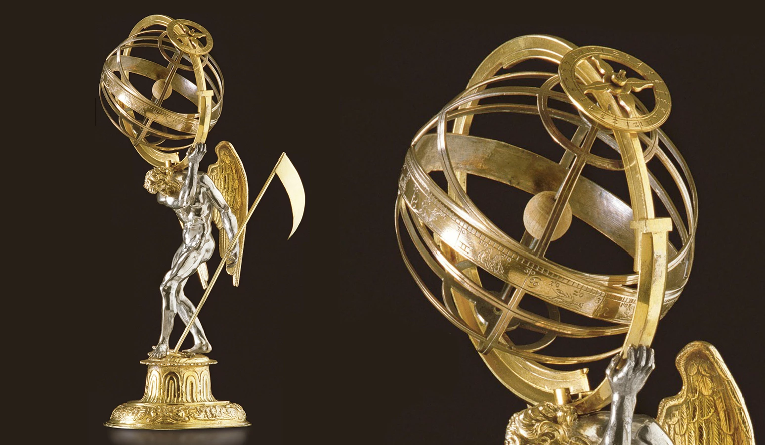 This 34.5 cm (13½ in.) Silesian parcel-gilt statuette of the Greek God Chronos supporting an Armillary Sphere sold for $994,402 (€781,000) at Christie's sale of the Yves Saint Laurent and Pierre Bergé Collection in February, 2009. Dubbed the "sale of the century" by the art press, the collection fetched a record €373,935,500 ($476.1 million) including a Matisse painting for €35.9 million. The statuette and armillary sphere was created circa 1630, and the legend of Chronos later morphed into another well-known figure – Father Time.