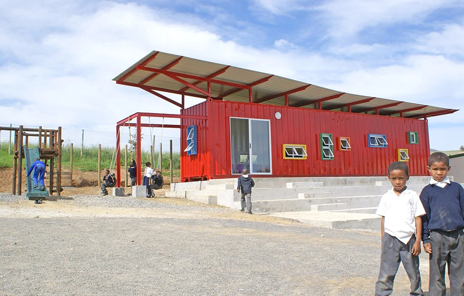The 39-foot (12-meter) long, 538-sq foot (50-sq m) container is living a second life as a classroom for 5-6-year old pupils at the Vissershok School, Cape Town, South Africa
