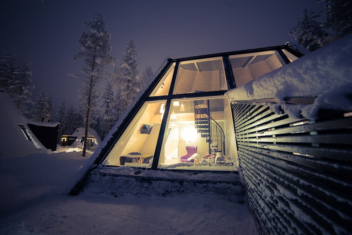 The wooden cabins have been built with extra-large glass feature walls and roof panels