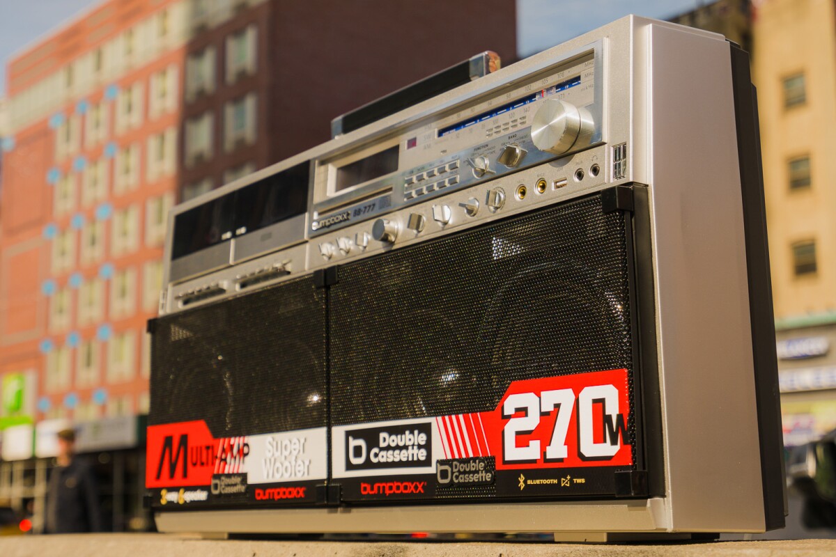 Retro boombox plays cassettes, CDs, and Bluetooth audio at 270 W